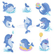Cartoon dolphins. Funny dolphin play, jump and eat. Entertainment show animal artist in different poses. Cute underwater characters nowaday vector set