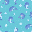 Dolphin seamless pattern. Cartoon funny dolphins, underwater funny animals and seashells. Template for wrapping or fabric, nowaday vector background