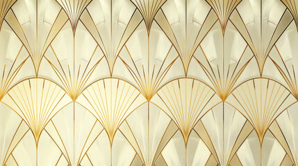 Wall Mural - Wallpaper. Background. Beige and white pattern with lines of different thicknesses, inspired by Art Deco style, with thin gold foil on paper