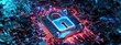 A Neon-lit blue lock securing data on circuit board, perfect for cybersecurity and tech concepts