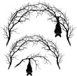vampire bat hanging at bare tree branches forming arch entrance - spooky halloween forest vector design set