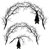Fototapeta  - vampire bat hanging at bare tree branches forming arch entrance - spooky halloween forest vector design set