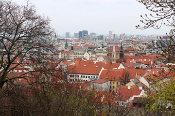 Wall Mural - View of Bratislava from the Old Town. Red roofed houses from above. Spring in Europe. 