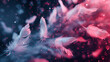Fliegende pink und lila farbene Federn für Hintergrundmotiv und Druckvorlage im Querformat für Banner, ai generativ
