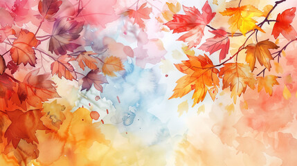 Wall Mural - Autumn watercolor background with tree leaves