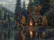 A tranquil lakeside cabin nestled among towering pine trees, with a cozy fire burning in the hearth and the sound of loons calling on the water rustic retreat The peace and solitude of the wilderness