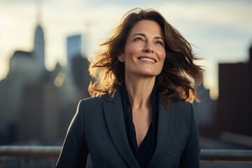 Poster - Portrait of a happy woman in her 40s wearing a professional suit jacket isolated in stunning skyscraper skyline