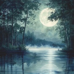 Wall Mural - A tranquil, moonlit lake surrounded by dense forest, with mist rising from the water's surface and a full moon casting an ethereal glow midnight serenity Soft moonlight filters through the trees