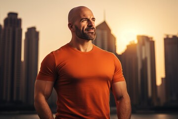Wall Mural - Portrait of a blissful man in his 40s donning a trendy cropped top in front of stunning skyscraper skyline