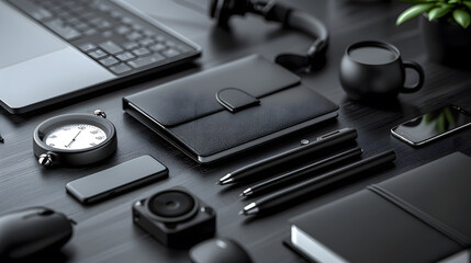 A sleek array of black technology and office gadgets neatly arranged on a desk, featuring a laptop, smartphone, and various accessories