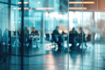 Business team meeting in modern office, blurred background through glass wall.