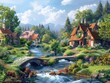 A tranquil riverside village nestled among rolling hills, with quaint cottages and stone bridges spanning a gentle stream pastoral idyll The peaceful scene is brought to life with vibrant colors