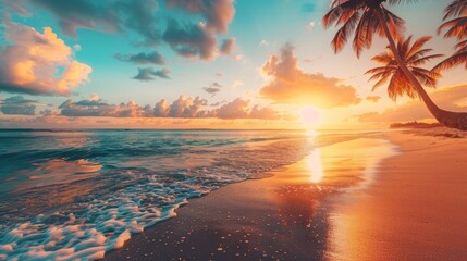 Wall Mural - Beautiful panoramic sunset tropical paradise beach. Tranquil summer vacation or holiday landscape. Tropical sunset beach seaside palm calm sea panorama exotic nature view inspirational seascape scenic