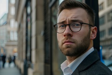 Close up portrait of young successful businessman, thinking serious concentrated man looking at camera outside office building, wearing suit and, Generative AI