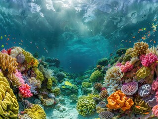 Wall Mural - A vibrant coral reef bustling with life beneath the waves, with colorful fish darting amongst the coral formations underwater oasis Sunlight filters through the crystal-clear water