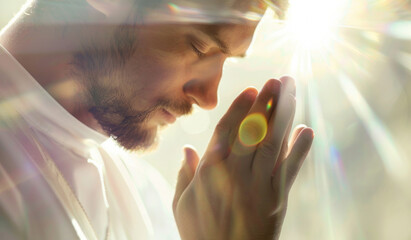 Poster - Man, hands and praying for worship, Jesus Christ and faith with hope or light. Christian person, meditation and spiritual peace for religion, gratitude and lens flare with connection to holy God