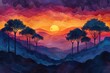 Sunset painting with foreground trees