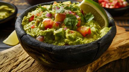 Poster - Steamy Fresh Guacamole in a Stone Bowl with Tortilla Chips