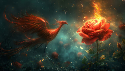 Wall Mural - a red rose is surrounded by a fire, with a red bird flying above it by ai generated image