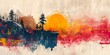 A painting of a sunset with trees and mountains