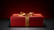 A red luxury gift box with gold ribbon on top of table with red theme