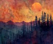 Sunset over forest painting