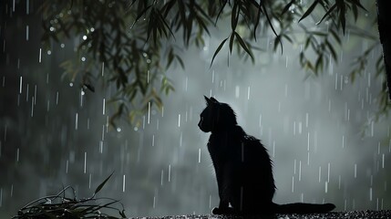 A lonely cat under a wet tree, its figure highlighted against a clean, dramatic background. 