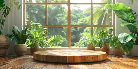 Canvas Print - A round wooden podium on  a view of a tropical forest. empty wood podium in room, banner for product display , Nature wood podium 