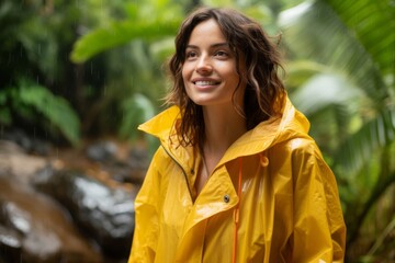 Sticker - Portrait of a merry woman in her 30s wearing a vibrant raincoat on lush tropical rainforest