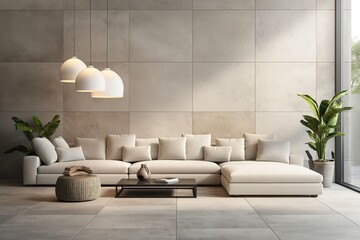 Wall Mural - Modern living room with a spacious white couch as the focal point.