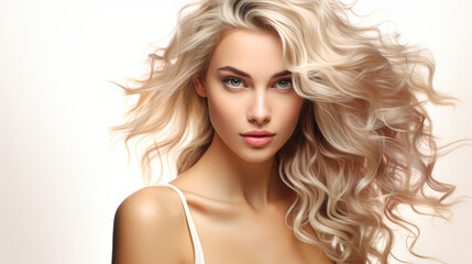 Wall Mural - A blonde woman with long hair is standing in front of a white background. She has a bright smile on her face and her hair is blowing in the wind