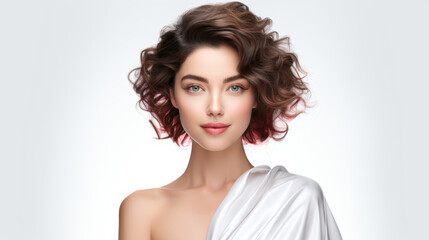 Wall Mural - A woman with a short, curly hairstyle and red highlights. She is smiling and looking at the camera