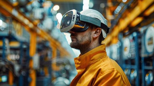 A man wearing a yellow jacket and a white helmet is standing in a factory. He is wearing a virtual reality headset and looking at something