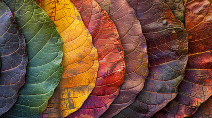 Canvas Print - A series of leaves with different colors and sizes. The leaves are arranged in a way that they form a rainbow pattern. Concept of natural beauty and harmony