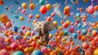 Lustiger Elefant mit bunten Luftballons fliegt in der Luft als Geburtstagskarte und Druckvorlage, ai generativ