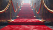 The pathway to glory on a red carpet ascending stairs enclosed by golden ropes reflecting the journey to success and fame