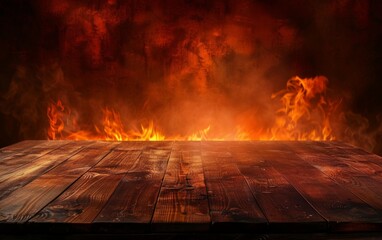 Wall Mural - A wooden table with flames around it, dark background Generative AI