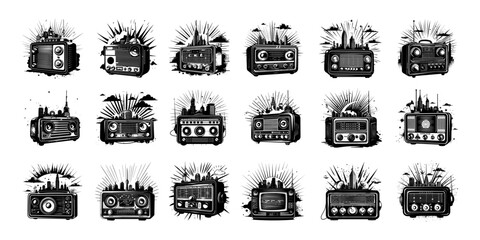 Poster - Radio stations logos black vector set. Vintage radio transmitters electrical device urban horizon waves elements isolated icons on white background