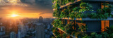 Fototapeta Młodzieżowe - green building with balconies full of greenery overlooking the city at sunset.ecofriendly  building design, urban landscape, green environment
