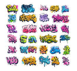 Street graffiti cartoon vector set. Lettering colorful spray paint scribbles splashes fragments urban savage creative tags art, illustrations isolated on white background