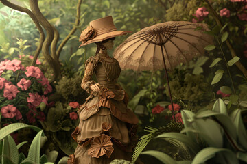 Clay character illustration of a Victorian-era lady in an elegant dress and hat, walking through a lush garden with a parasol