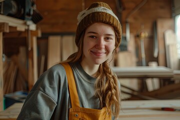 Wall Mural - Smiling young woman working in carpentry shop