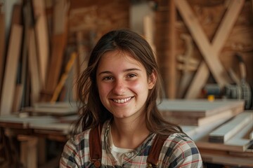 Wall Mural - Smiling young woman working in carpentry shop