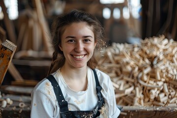 Wall Mural - Smiling young woman working in carpentry shop