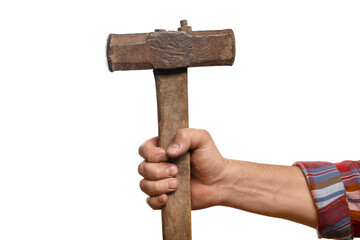 Man with sledgehammer on white background, closeup