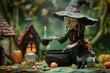 Clay character illustration of a fairy tale witch brewing a potion in a large cauldron, surrounded by magical ingredients and a black cat