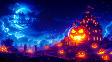 Haunted House With Pumpkins In A Blue Foggy Forest