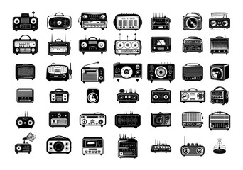 Canvas Print - Vintage radio ink sketch vector set. Monochrome old school radio stations signal transmitters devices illustrations isolated on white background