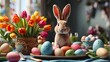 A photorealistic image depicting a bright graphics montage with an Easter holiday theme. The scene includes painted eggs, bunny ears, fresh tulips, and dinner decorations. The focus is on capturing th