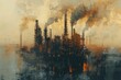 Toxic fumes swirl around the industrial plant, creating a stark and desolate landscape with a subdued palette and intricate textures.